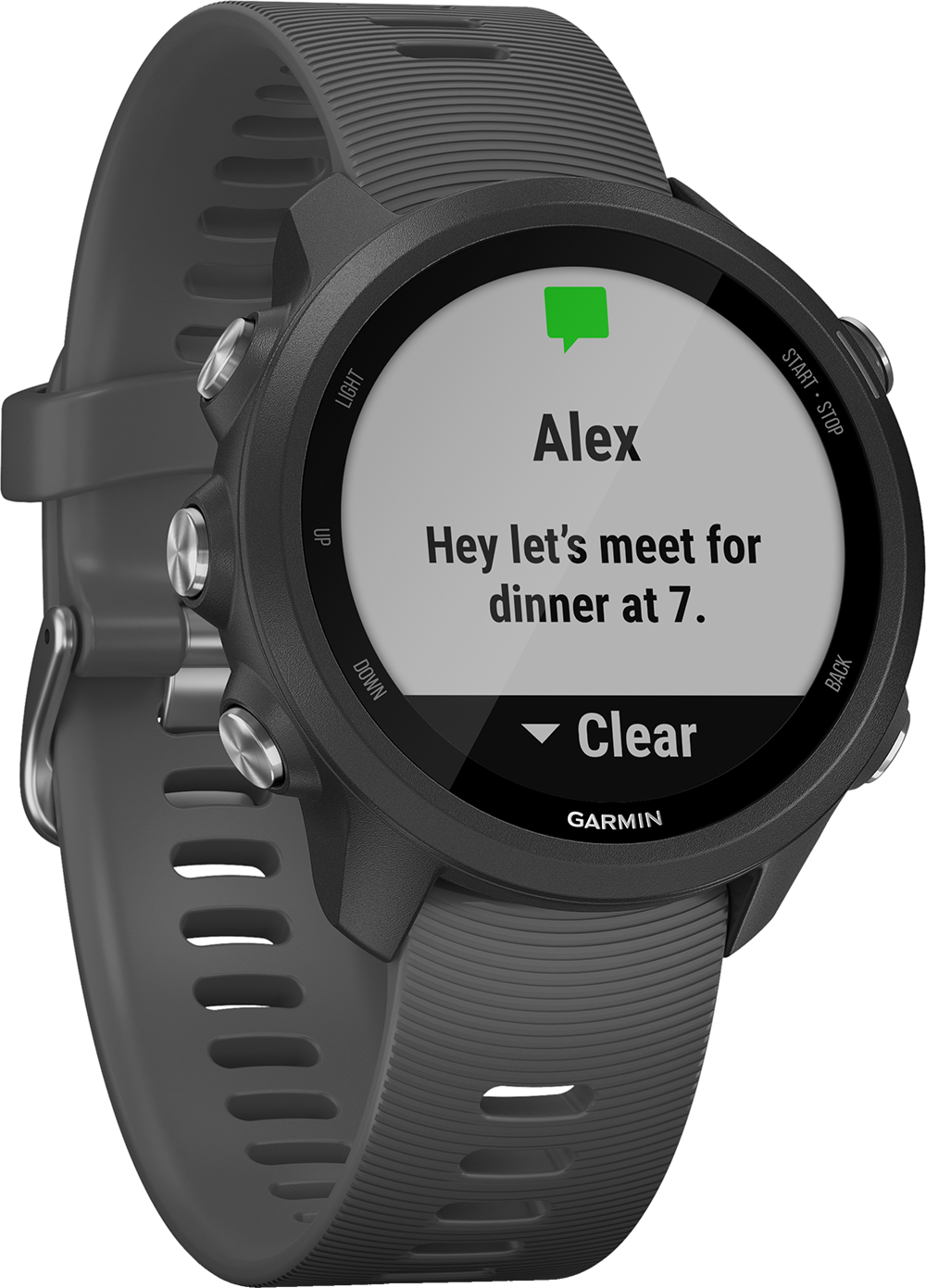 Garmin smartwatch met sms-bericht melding. Het horloge is zwart.