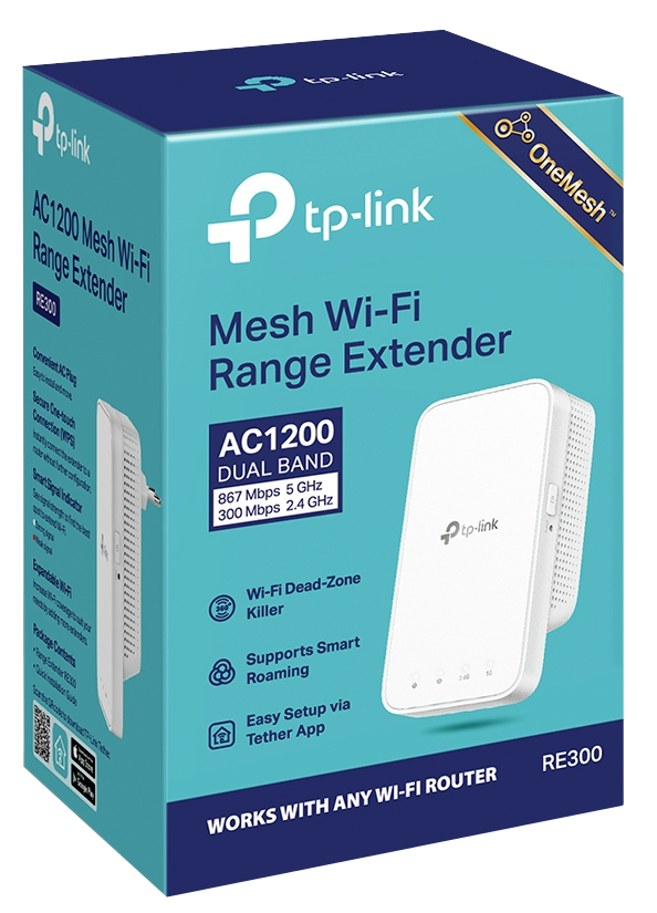 Egy tp-link mesh wi-fi jelerősítő doboz termékadatokkal.