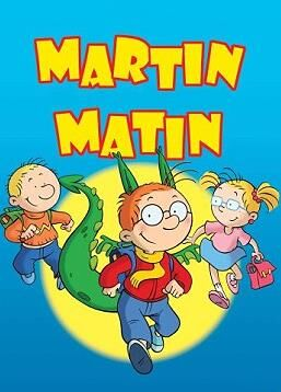 Couverture de DVD de dessin animé. Trois enfants courent, avec un dragon. Texte en jaune et bleu.