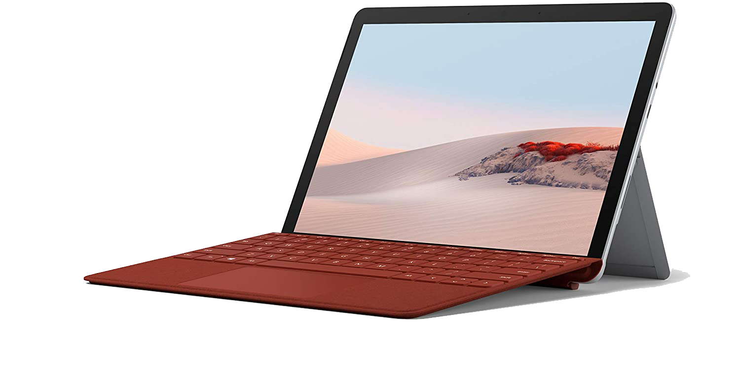 A red keyboard attached to a tablet. The background is a desert landscape.
