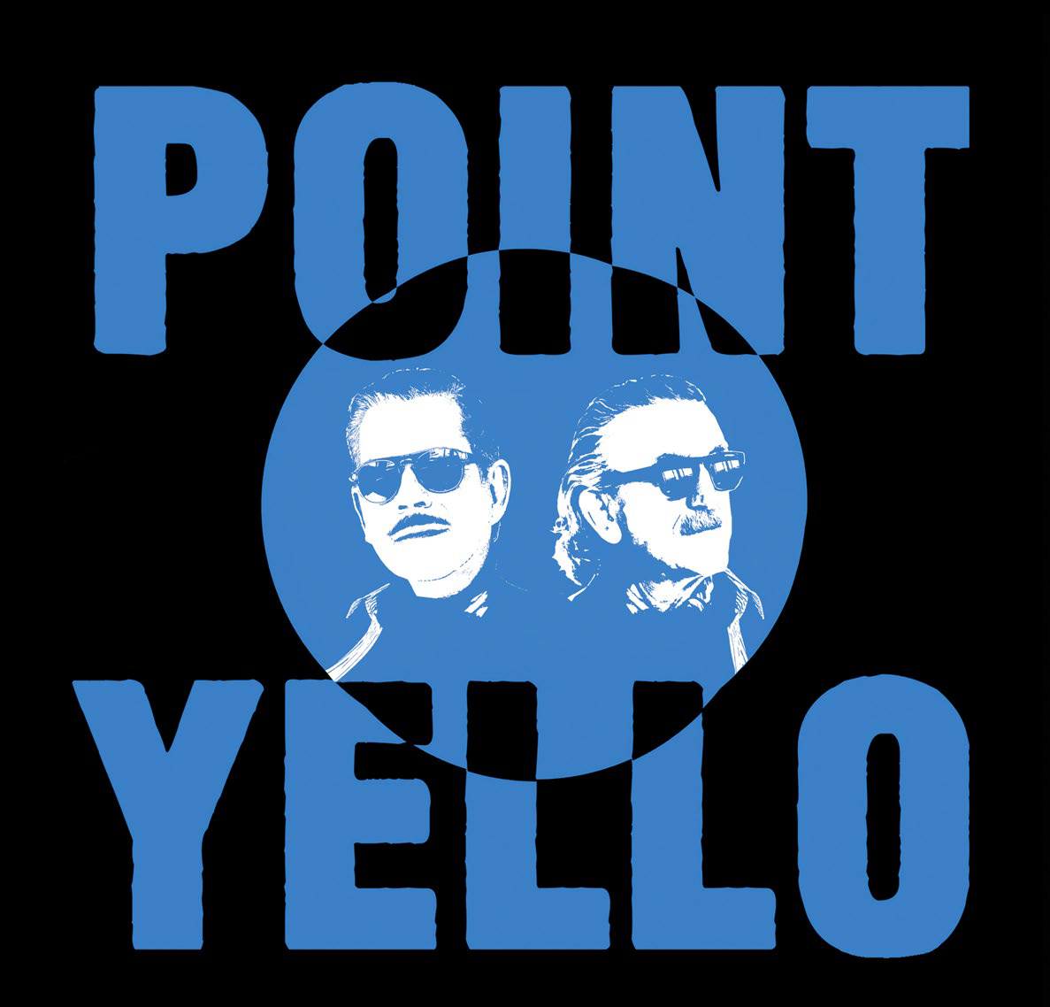 "POINT" és "YELLO" szavak kék színnel, két napszemüveges férfival egy kék körben.