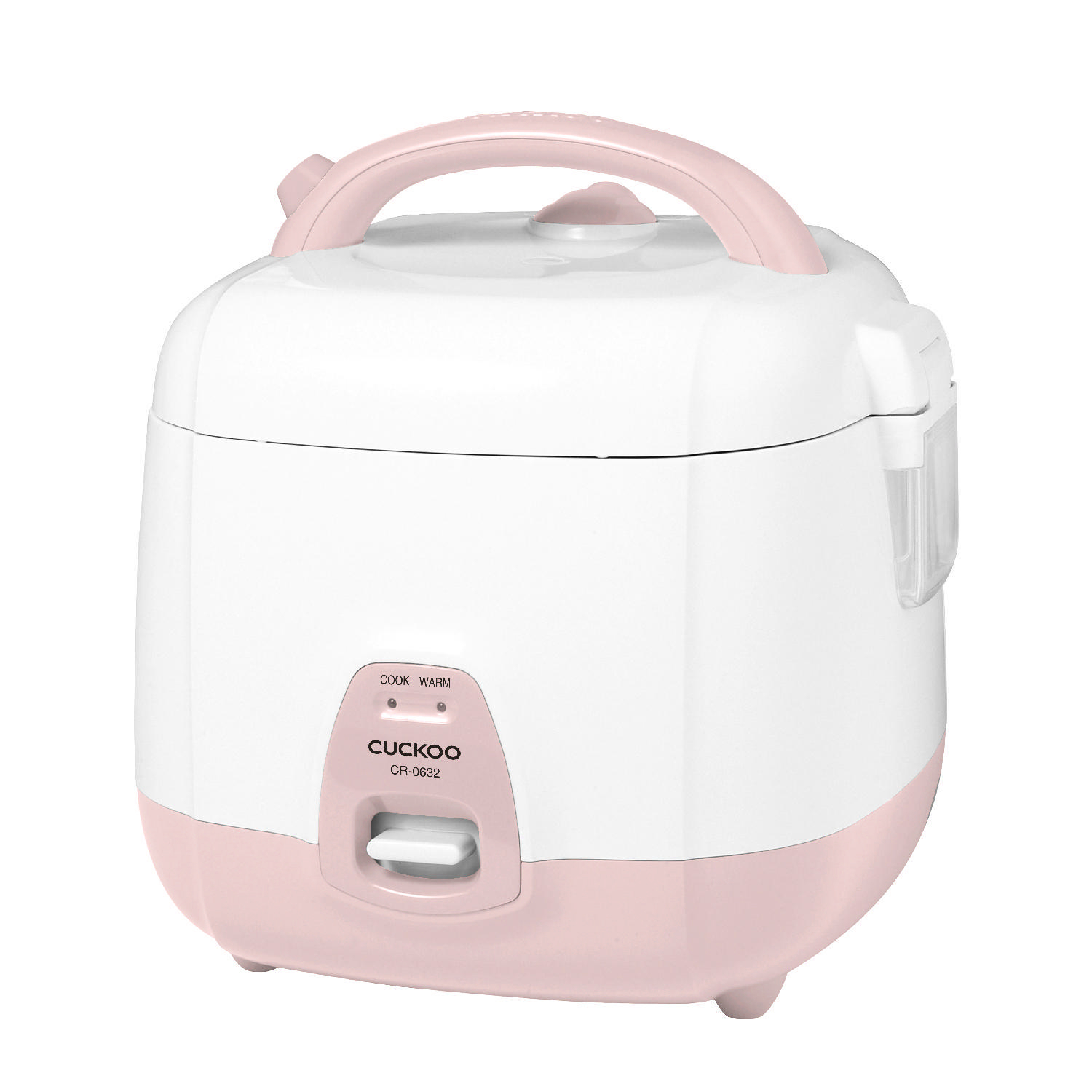 Weiß-rosa Reiskocher. Marke 'Cuckoo'. Knöpfe für Kochen/Warmhalten. Rosa Griff und Boden.