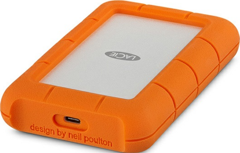 Disque dur externe orange avec centre blanc et texte noir.