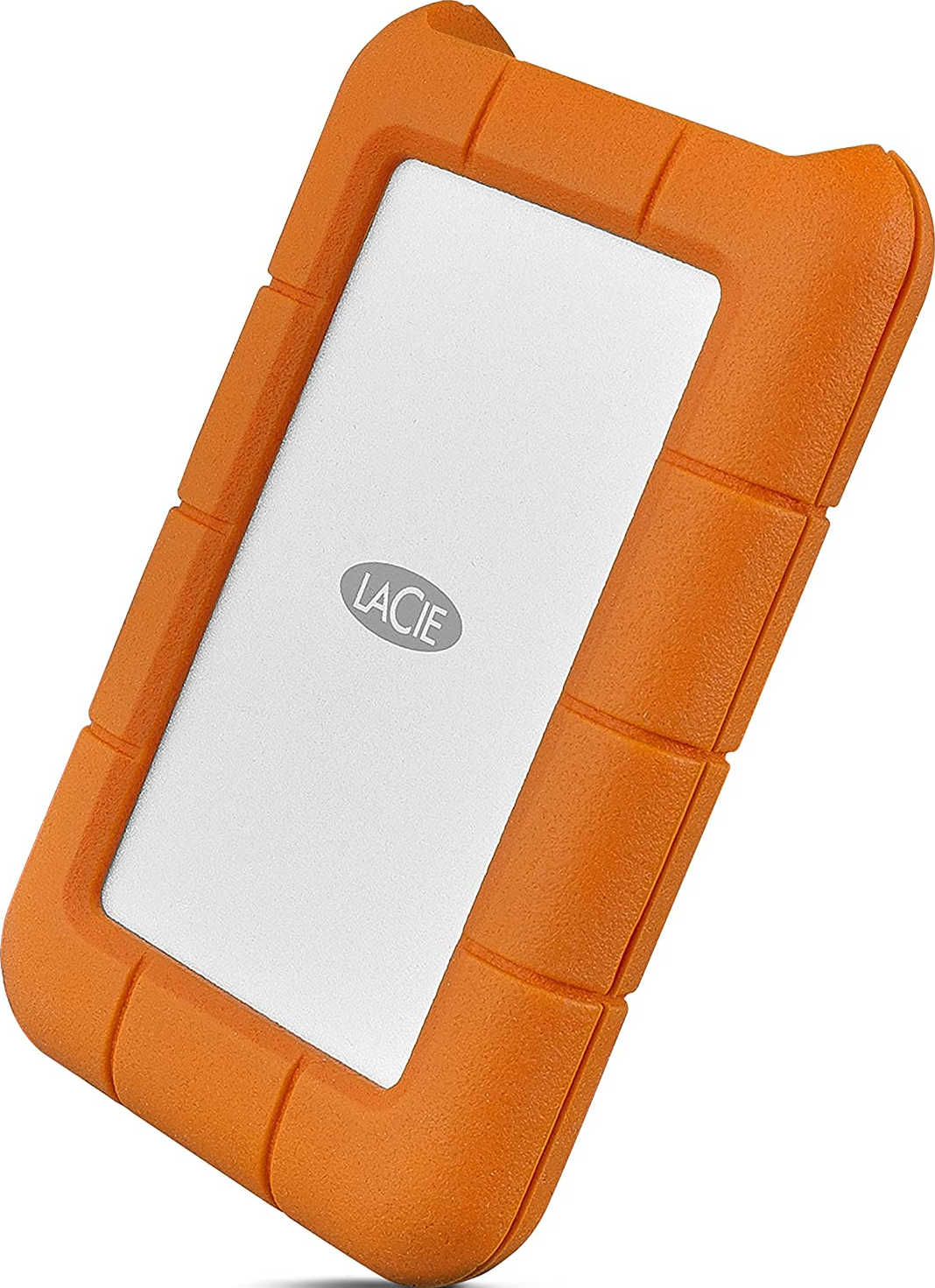 Un disque dur externe orange et argenté en vue inclinée sur fond blanc.