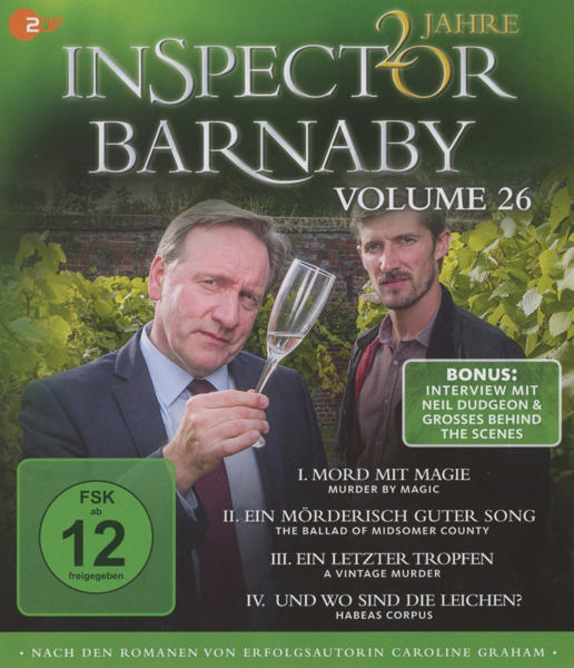 Inspector Barnaby DVD-Cover. Zwei Männer halten Glas, grüner Hintergrund, Text.