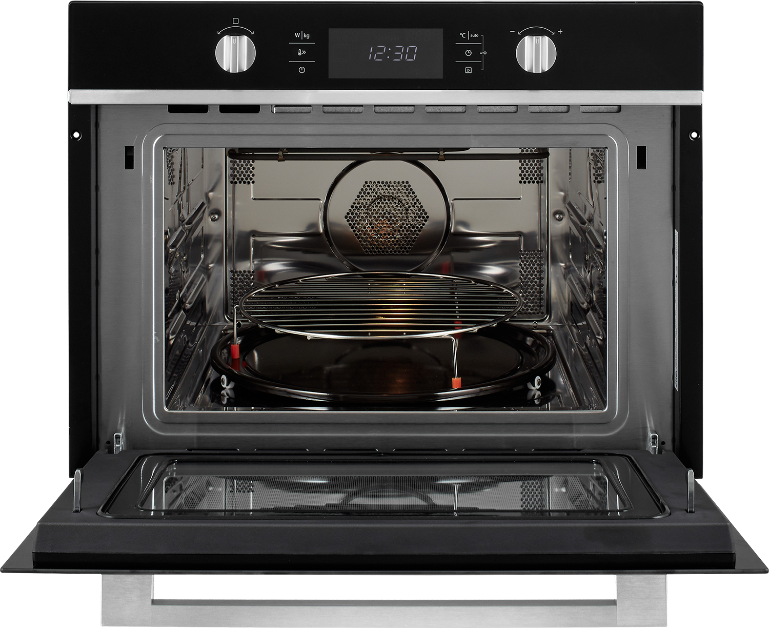 An open black oven with an interior light and a rack.