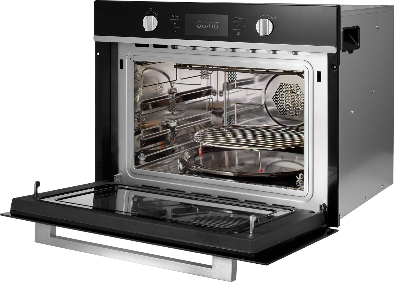 An open oven with the interior visible, including racks and lighting.
