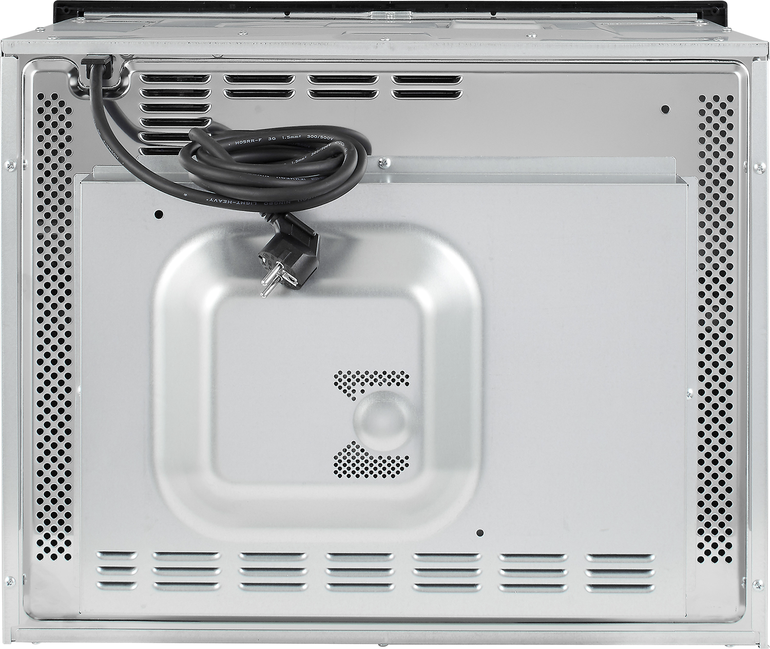 The back of an oven with the power cord plugged in.