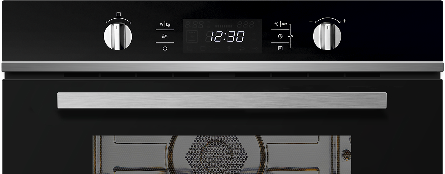Black oven with digital display showing 12:30. Knobs and a handle are visible.