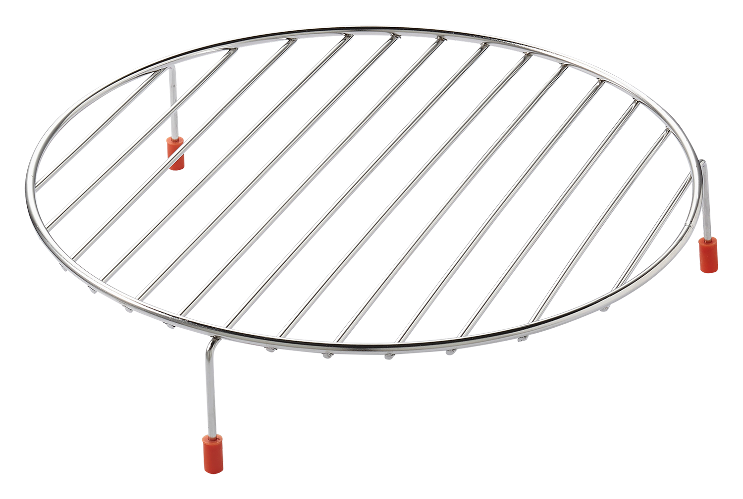 Metal grill rack with red support legs, isolated on black background.