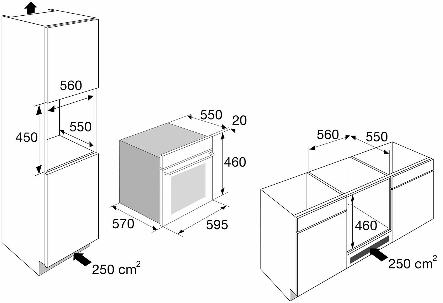 Diagram showing cabinet dimensions with an oven and a tall cabinet. Arrows indicate directions.