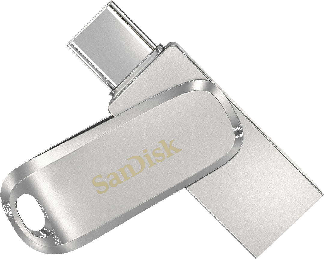 Silberner SanDisk USB-Stick mit Typ-C-Anschluss, vor schwarzem Hintergrund.