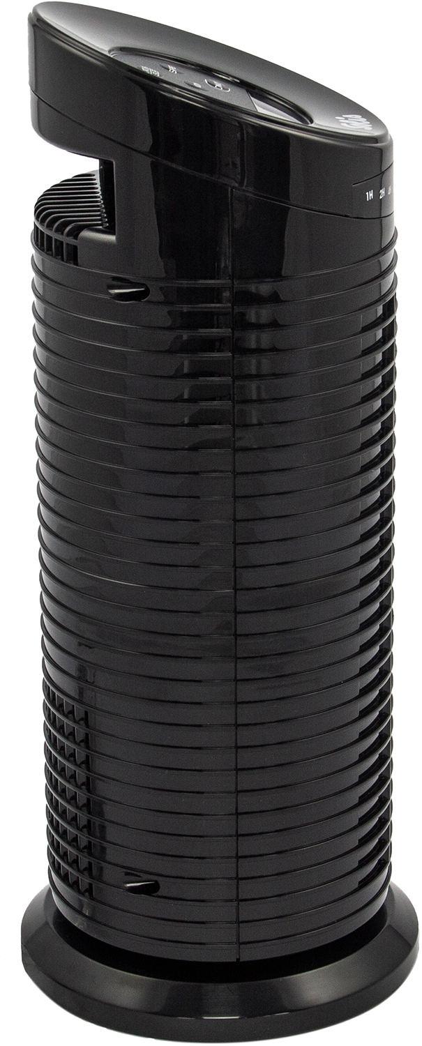 Un purificateur d'air noir. Il est cylindrique avec des arêtes horizontales. Il a un dessus incurvé avec des boutons de commande et une minuterie.