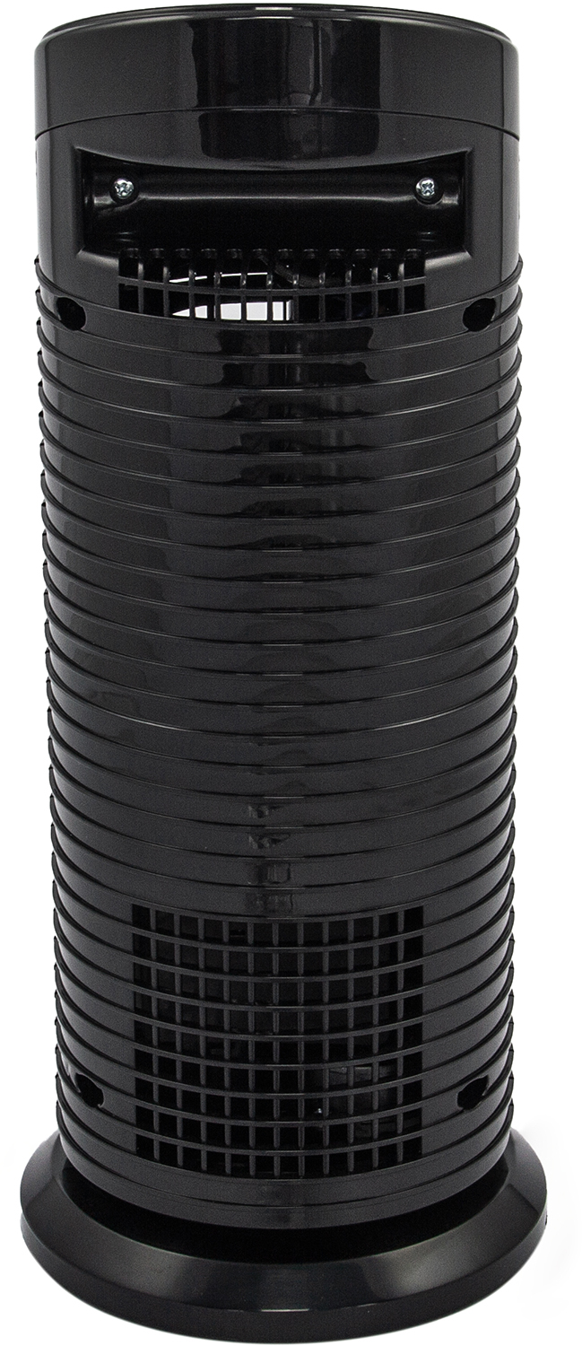 Un radiateur soufflant cylindrique noir. Il possède une grille en haut et en bas, avec des lignes horizontales. La base est un cercle plus large.