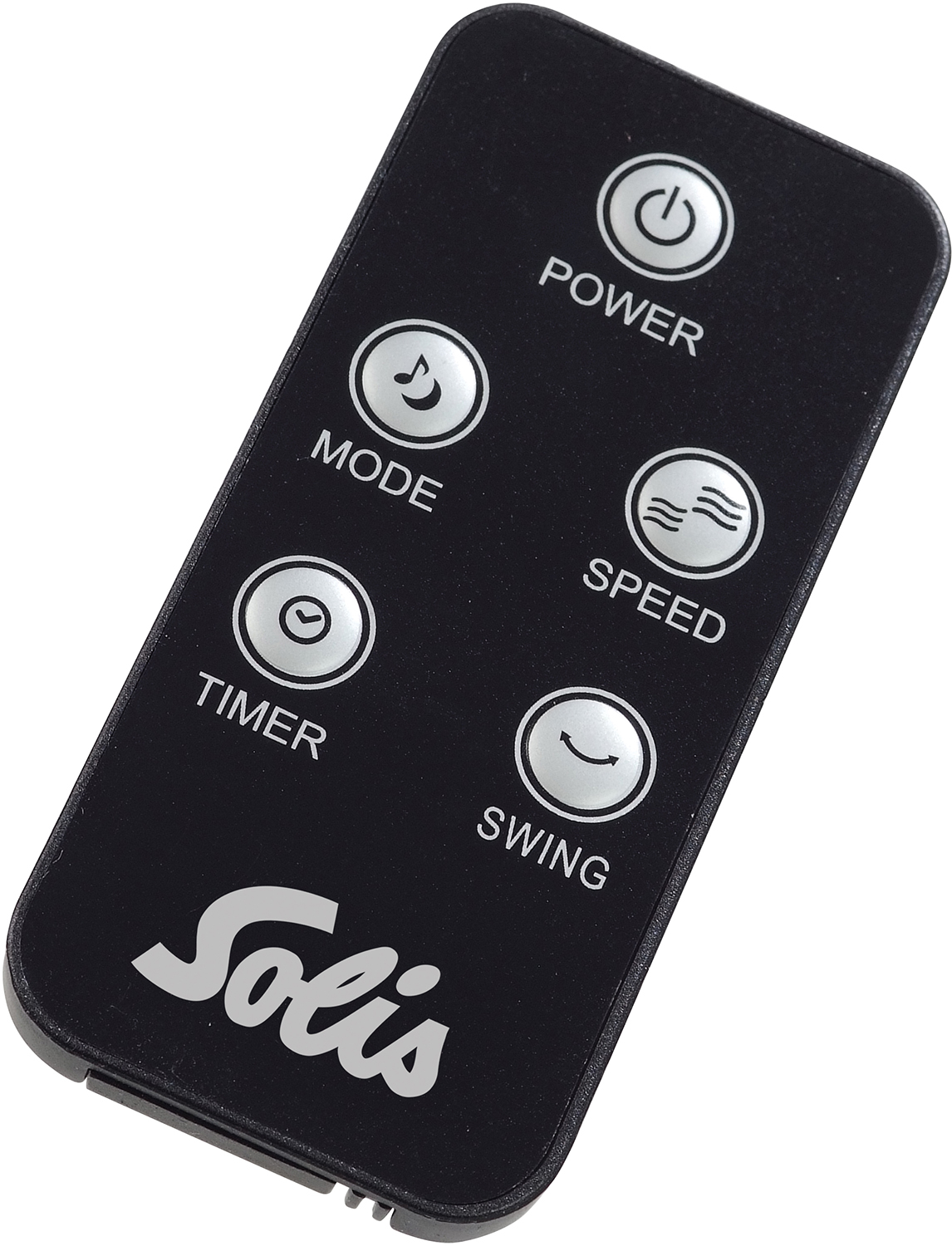 Télécommande Solis noire avec boutons marche/arrêt, mode, vitesse, minuterie et oscillation.