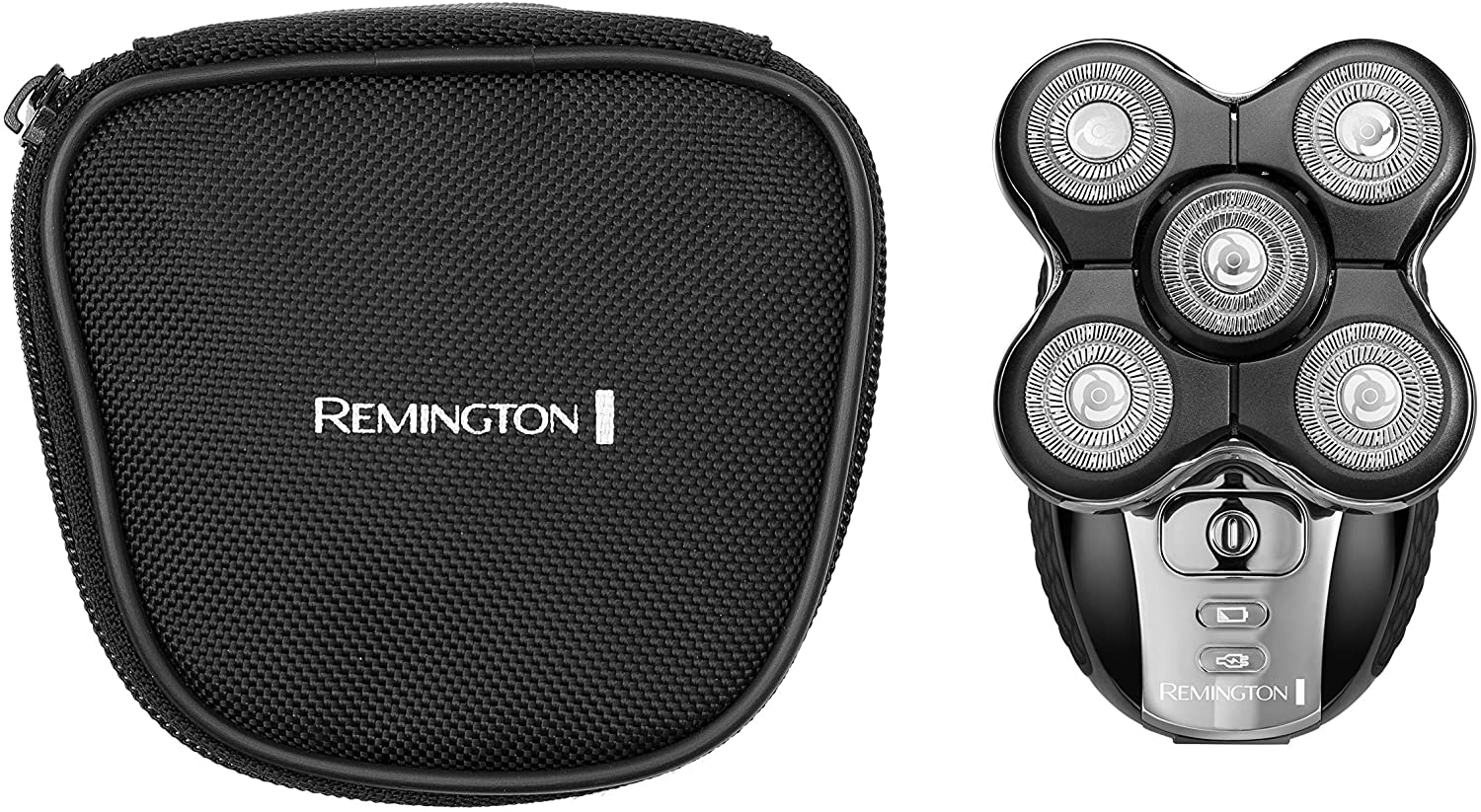 Afeitadora eléctrica Remington y su estuche negro sobre fondo blanco.