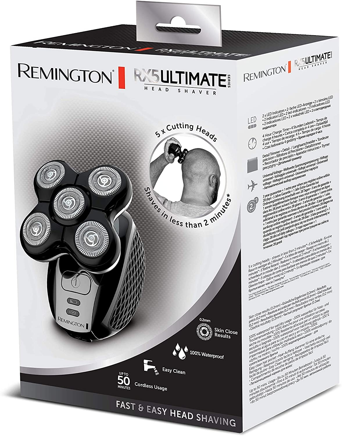 Caja de la afeitadora Remington RX5 Ultimate Head Shaver. Afeitadora, 5 cabezales y texto.