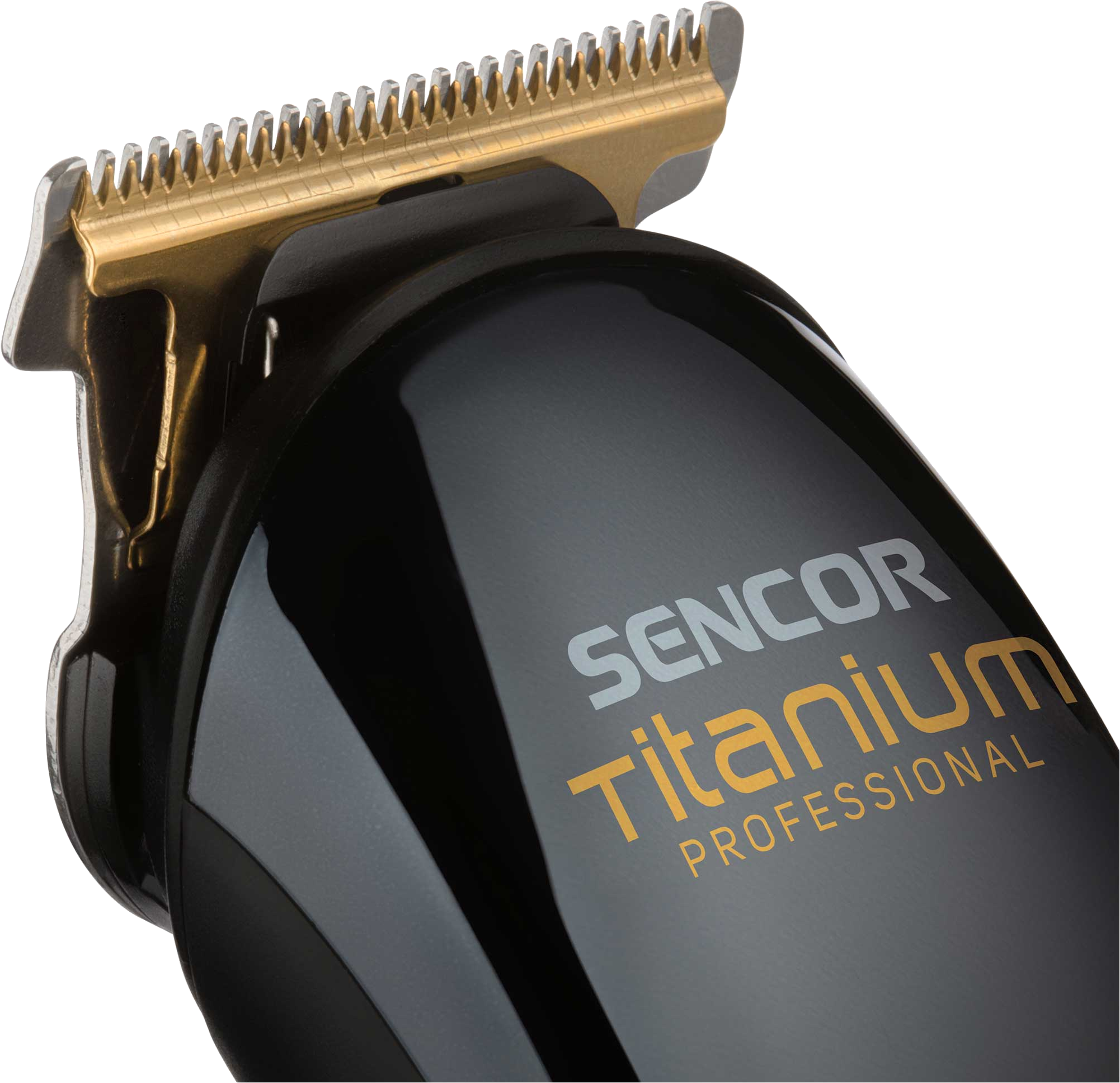Egy fekete-arany hajvágó gép, a "SENCOR Titanium Professional" márkajelzéssel.