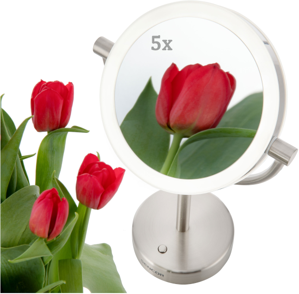 A tükör egy piros tulipánt mutat 5x-es nagyítással. Három piros tulipán zöld levelekkel balra.