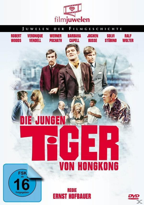 Filmplakat mit drei Männern im Anzug. Titel: Die jungen Tiger von Hongkong. Eine gefesselte Frau.
