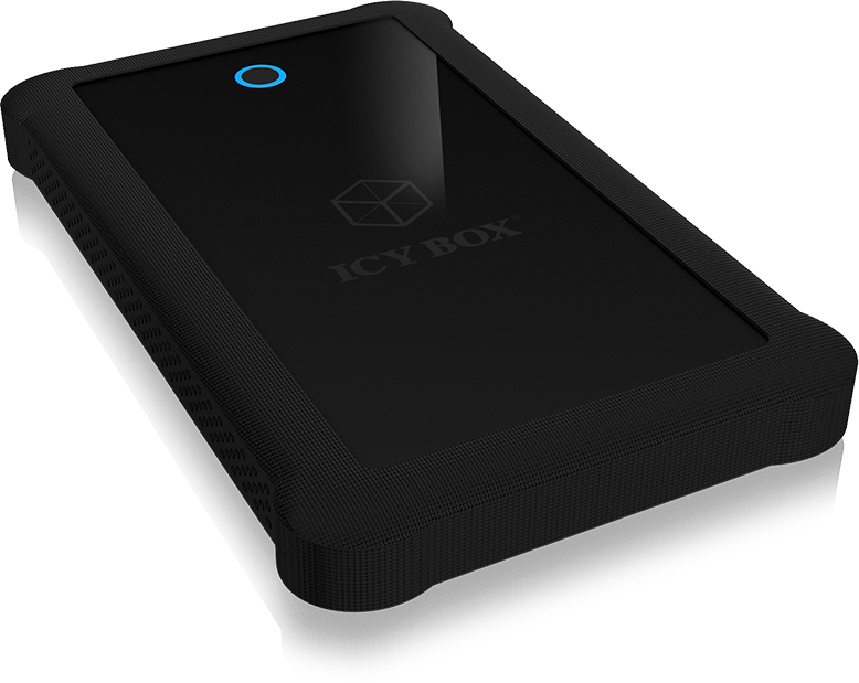 Schwarze Icy Box externe Festplatte mit blauem LED-Licht oben.