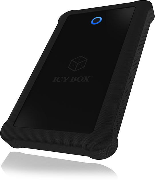Schwarze externe Festplatte mit blauem Licht. Die Marke 'ICY BOX' ist sichtbar.