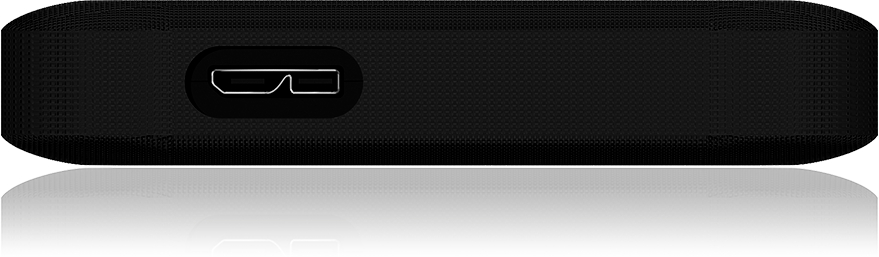 Schwarzes, rechteckiges Gerät mit USB-Anschluss. Spiegelung unten.