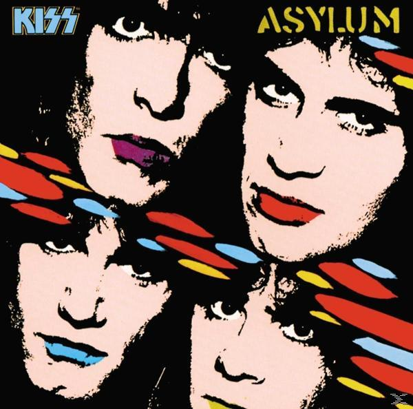 Kiss Asylum Albumcover. Gesichter der Bandmitglieder. Schwarzer Hintergrund mit bunten Streifen.