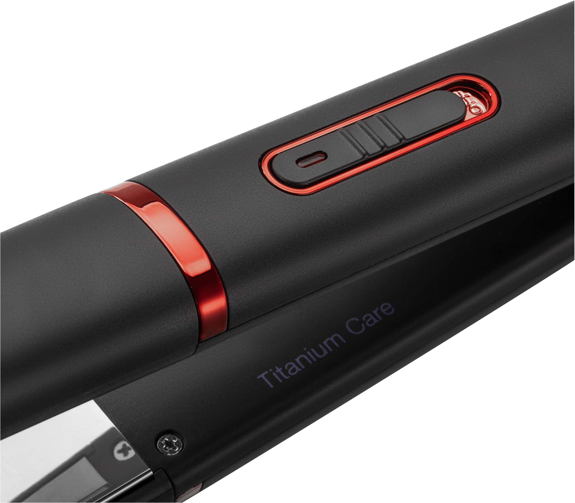 Egy fekete hajvasaló piros ékezettel, a Titanium Care felirattal.