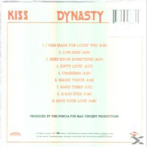 A KISS 'Dynasty' album hátlapja a számlistával és logókkal. Fehér háttér.