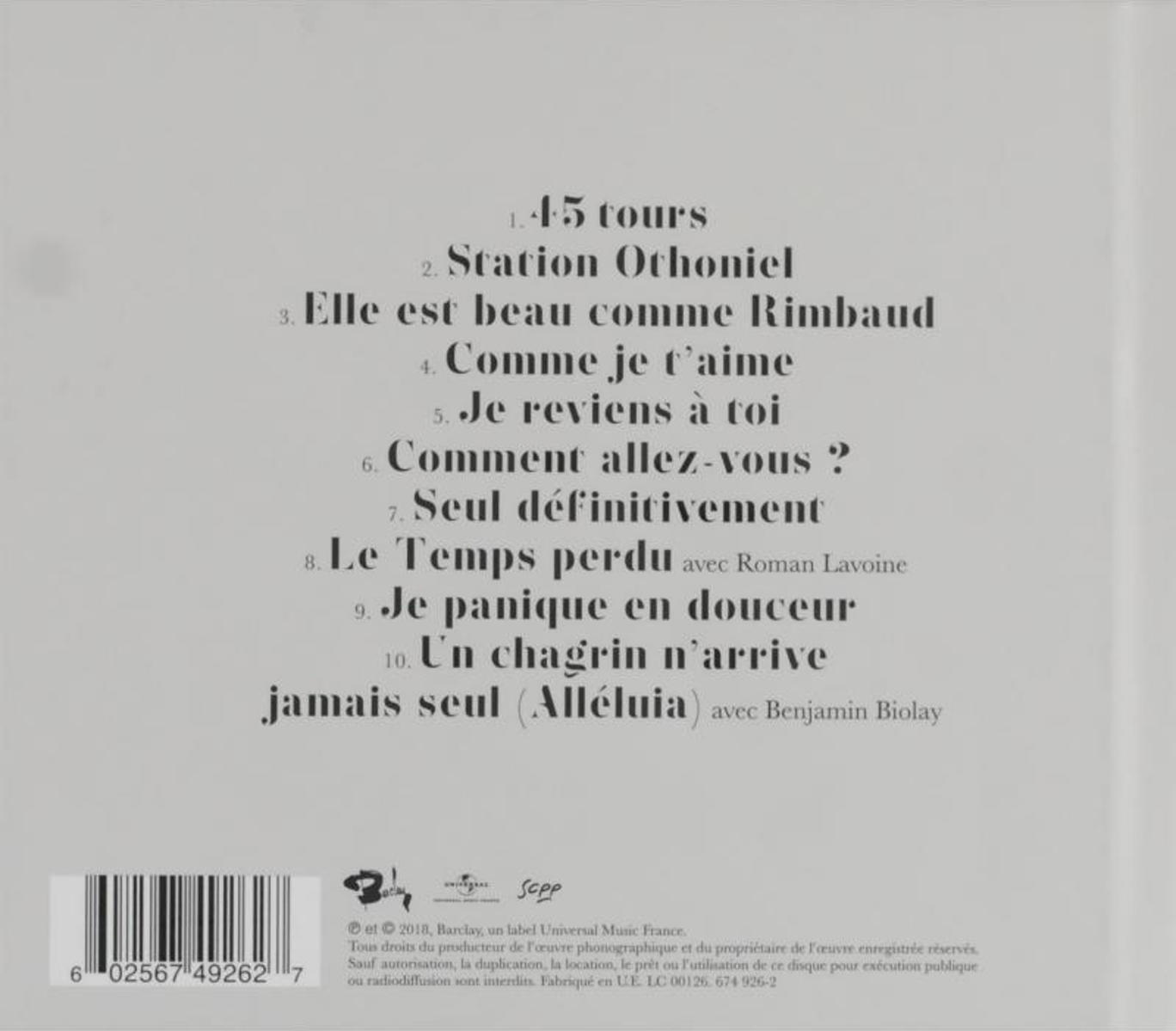 Dos d'une pochette de CD avec titres et code-barres. Fond blanc, texte noir.