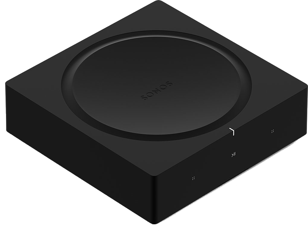 Ein schwarzes quadratisches Sonos-Gerät mit kreisförmiger Oberseite und Knöpfen. Das Gerät ist auf Weiß isoliert.