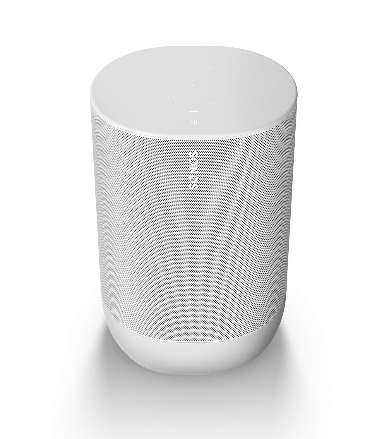 Witte Sonos-luidspreker, cilindrische vorm, op een witte achtergrond.