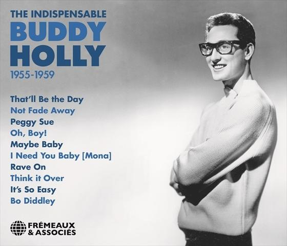 Buddy Holly albumhoes met foto van hem met bril en tekst: The Indispensable Buddy Holly.