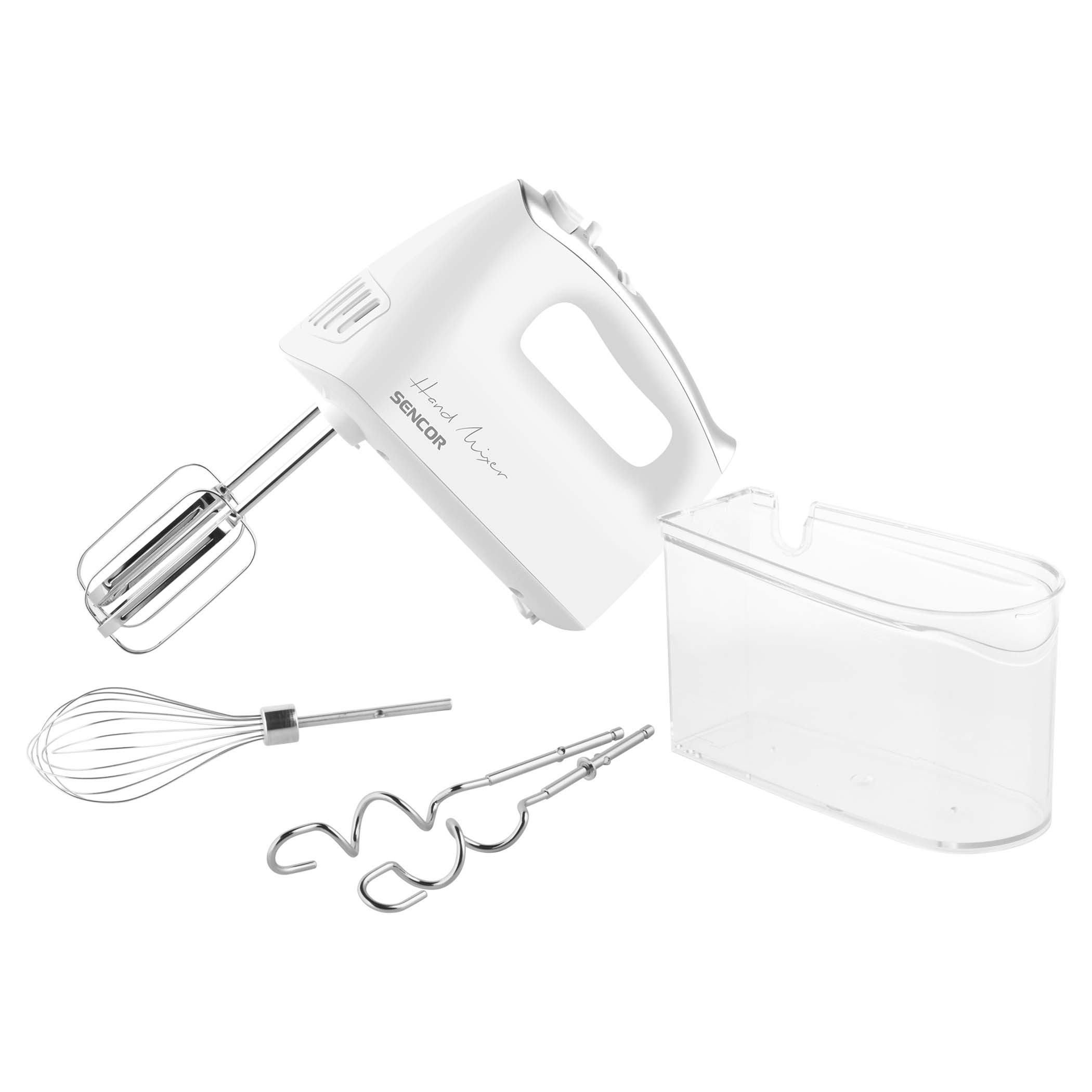 Fehér kézi mixer tartozékokkal és egy átlátszó tartállyal fehér felületen.