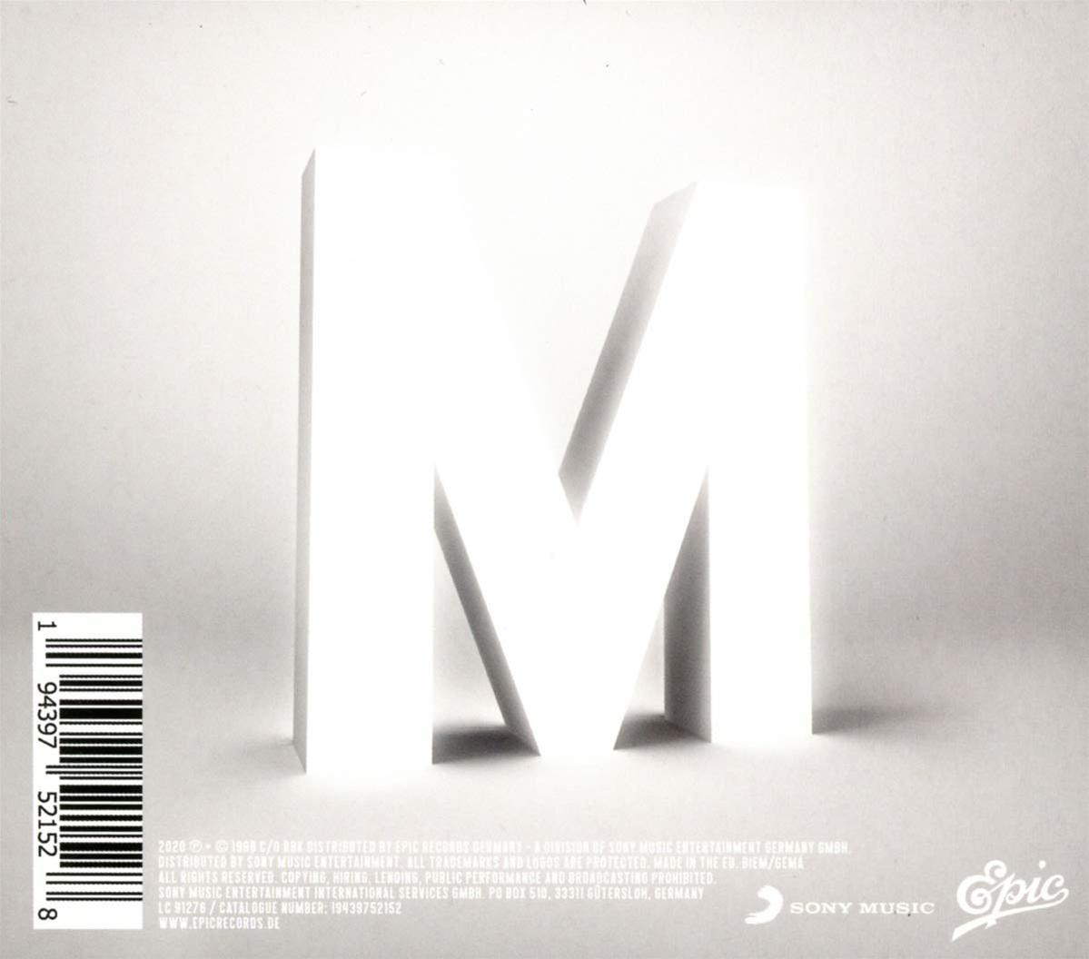 Weißes M mit Barcode, auf weißem Hintergrund.
