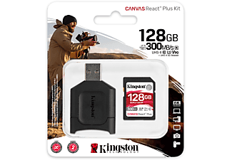 KINGSTON 128GB Speicherkarte Canvas React Plus SDXC Kit, R300/W260, UHS-II U3, A1, Class10, Schwarz