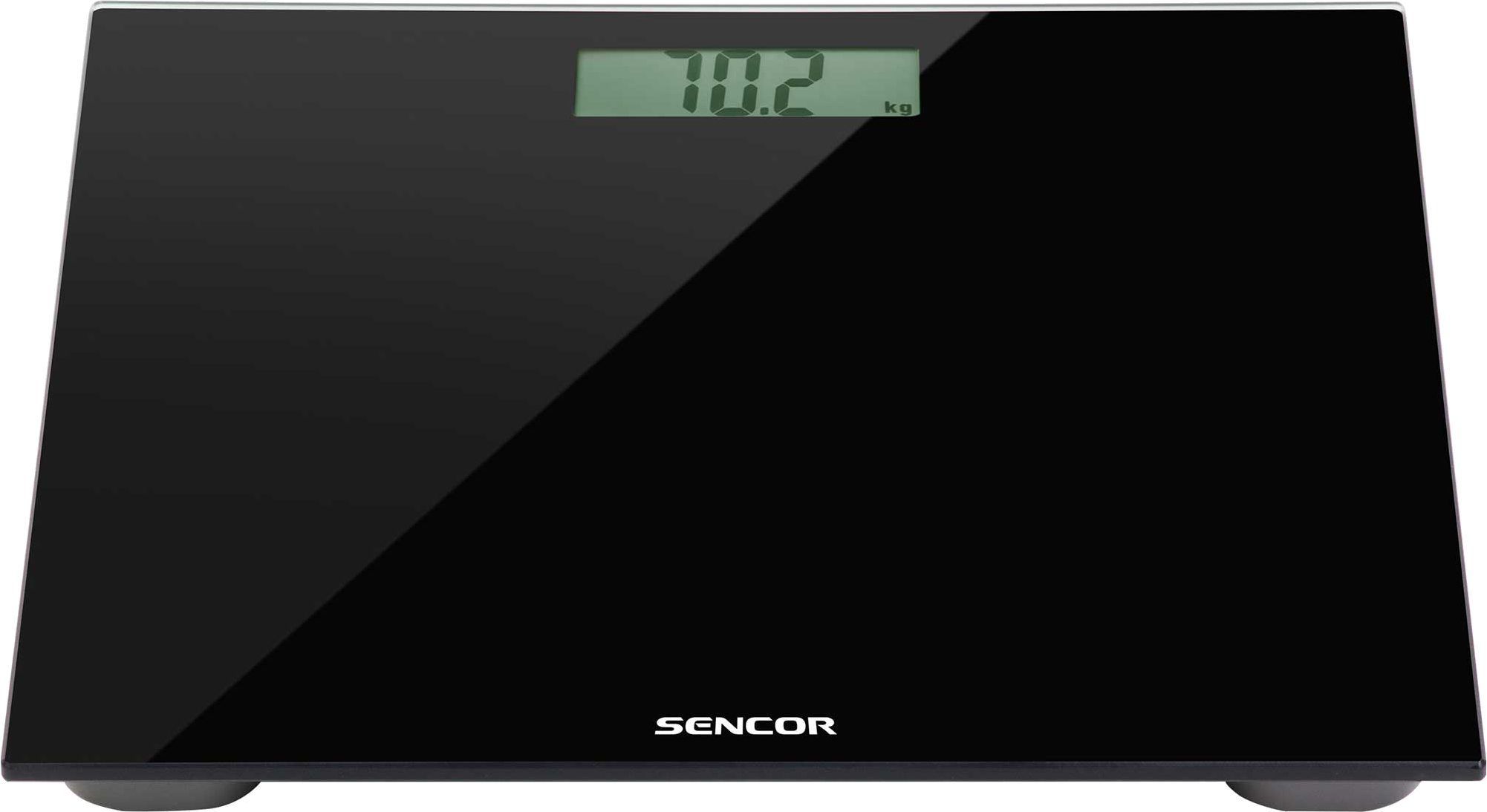Fekete digitális mérleg, 70,2 kg-ot mutat. A mérleg fekete, fényvisszaverő felületű.