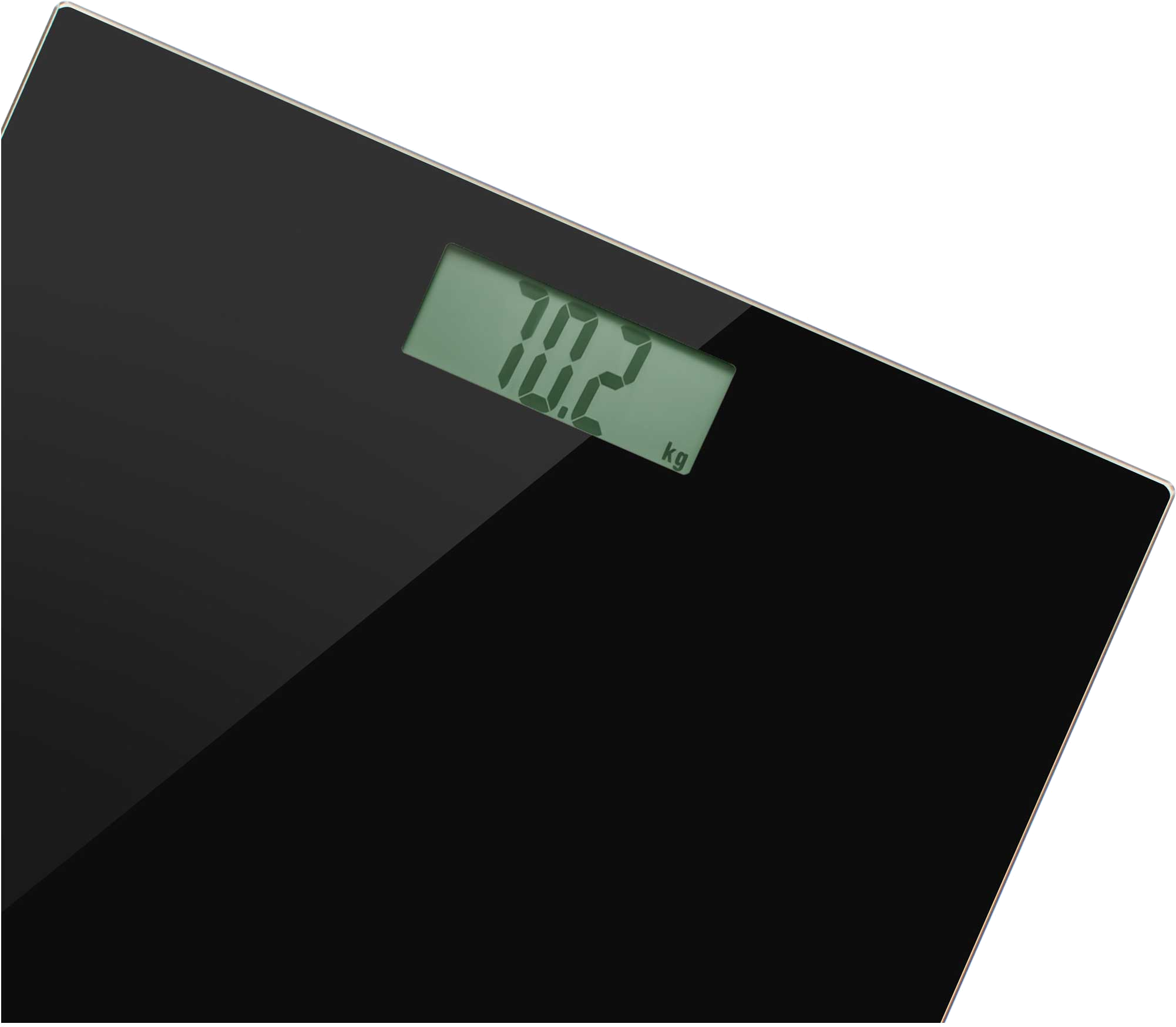 Fekete digitális mérleg, 70,2 kg-ot mutat. Fekete, fényvisszaverő felületen.