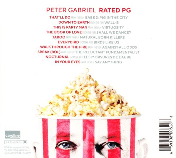 Dos d'un boîtier de CD avec liste des titres. Pop-corn dans un récipient rayé. Yeux regardent vers le haut d'en bas.