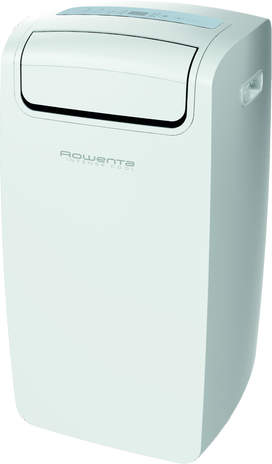 Witte draagbare airconditioner met een lichtblauwe bovenkant en een voorpaneel. Staat op een witte achtergrond.
