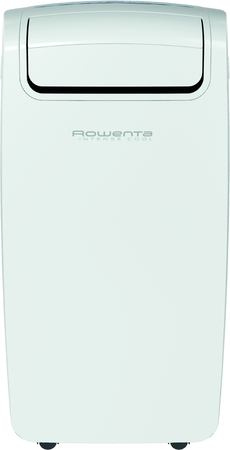 Witte Rowenta airconditioner, rechtop, met merklogo.
