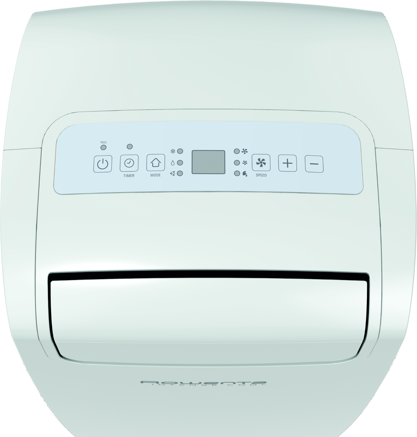 Een witte airconditioner met een bedieningspaneel bovenop en een ventilatieopening aan de onderkant.