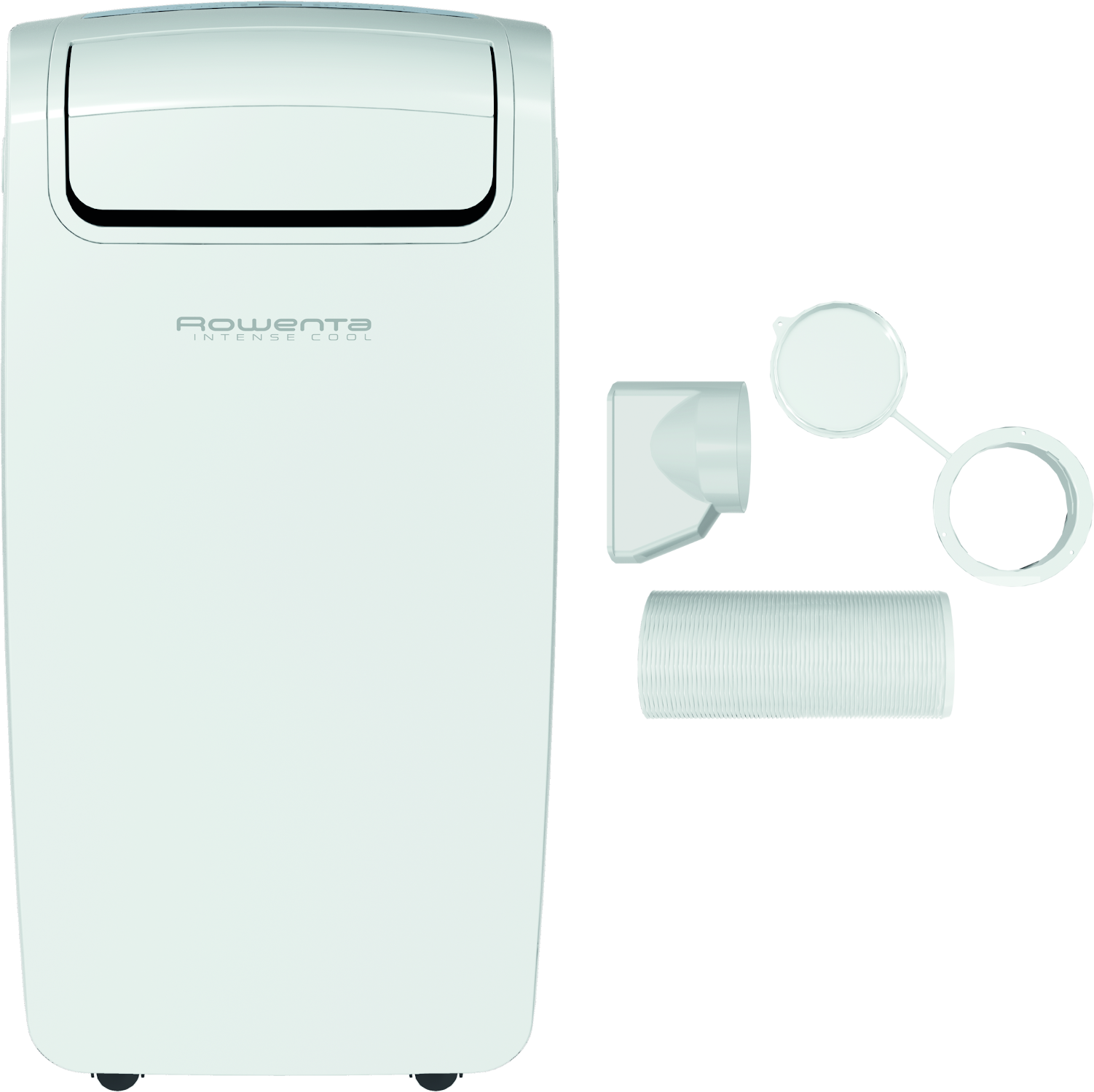Een witte draagbare airconditioner en zijn onderdelen, op een witte achtergrond, met een zwarte achtergrond.