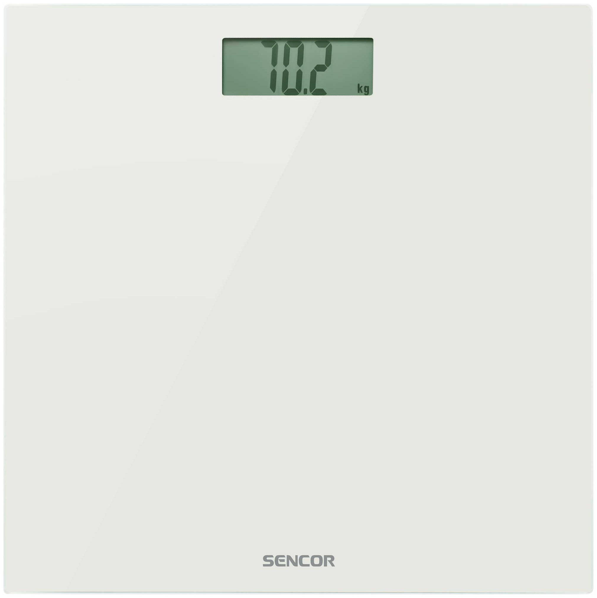 Fehér digitális fürdőszobai mérleg zöld kijelzővel, mely 70,2 kg-ot mutat.