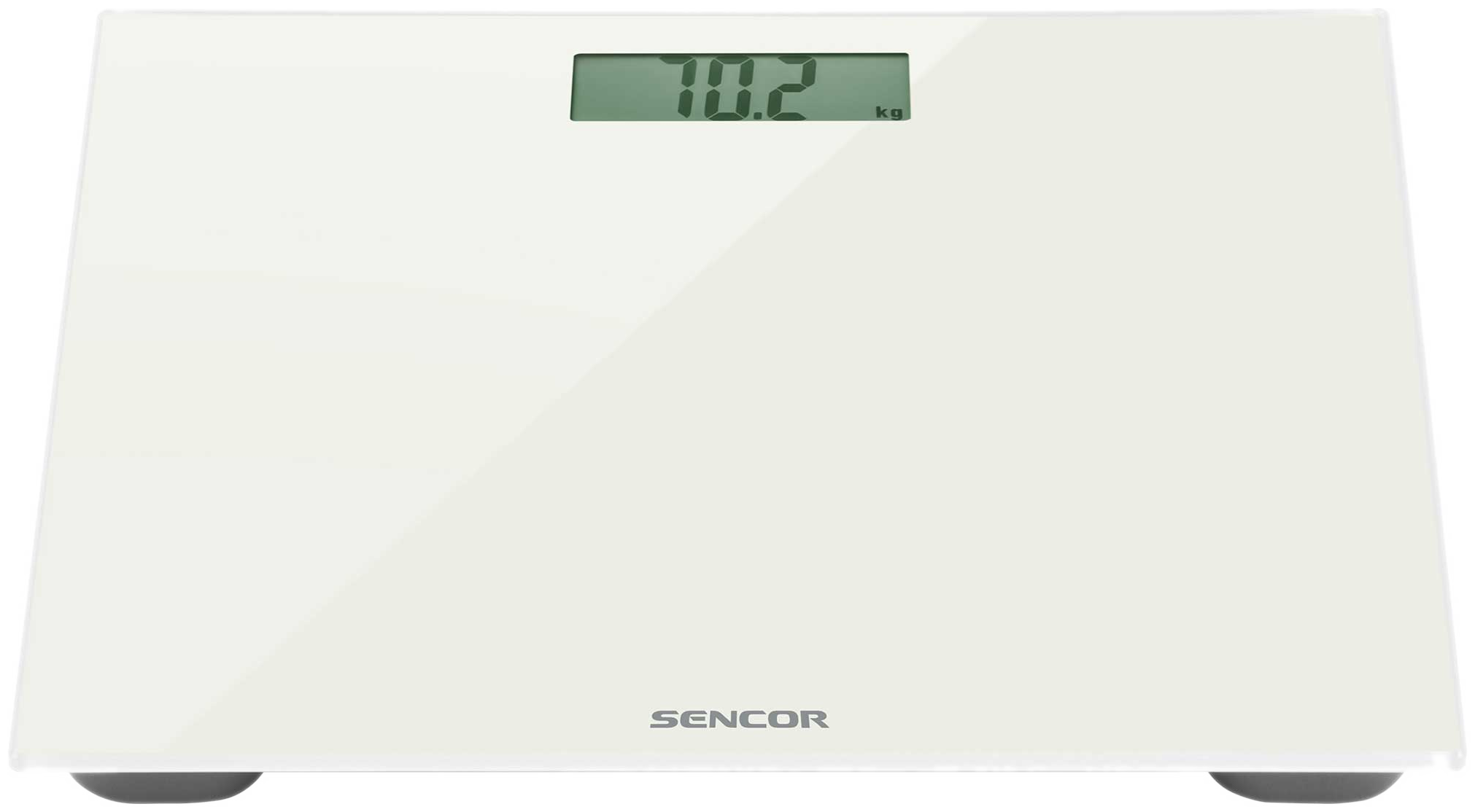 Digitális mérleg, mely 70,2 kg-ot mutat. Fehér felület, fekete alap. SENCOR márka.