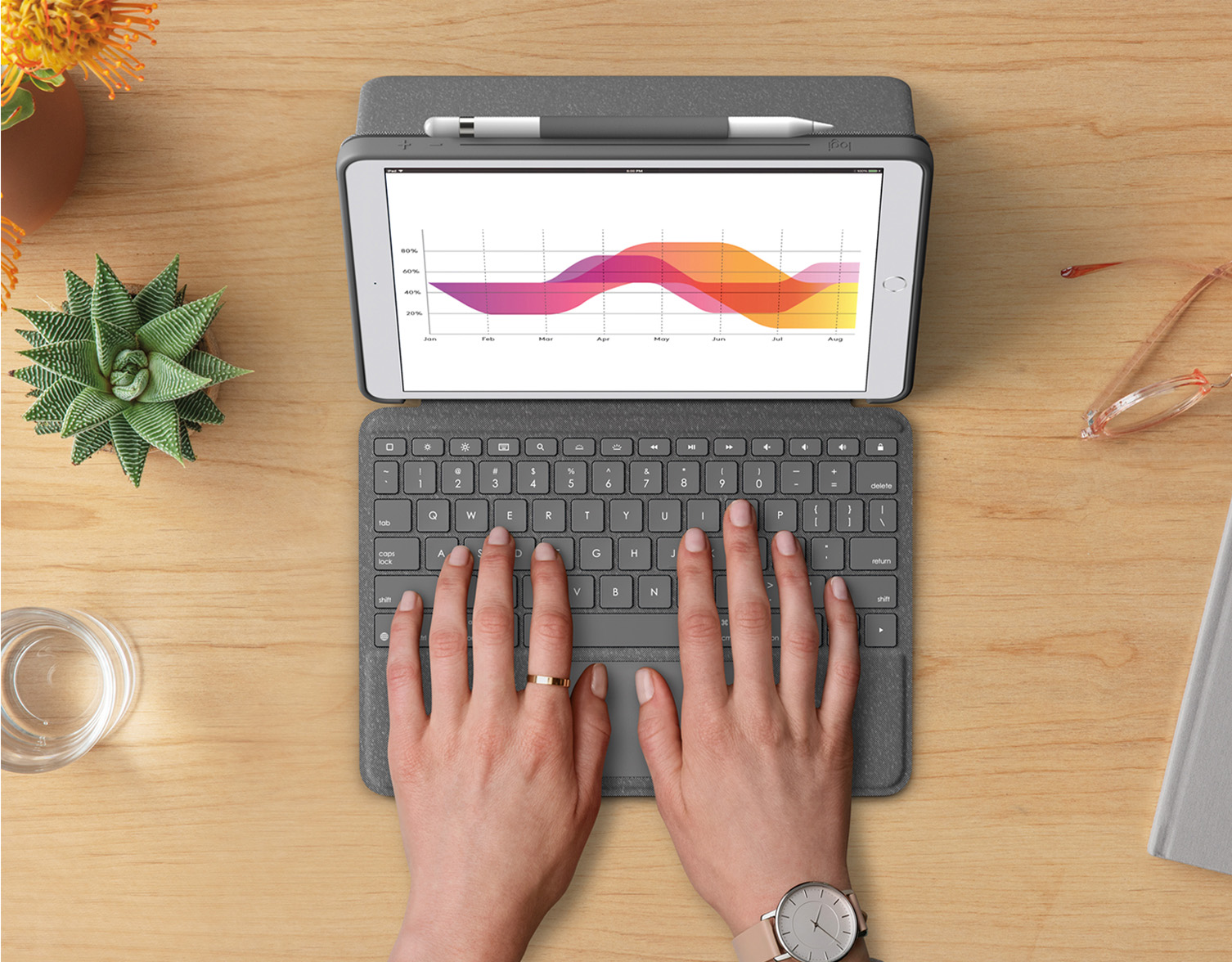 Tablet with keyboard, graph on screen. Hands typing, pen on top. Wooden desk with plant and glasses.