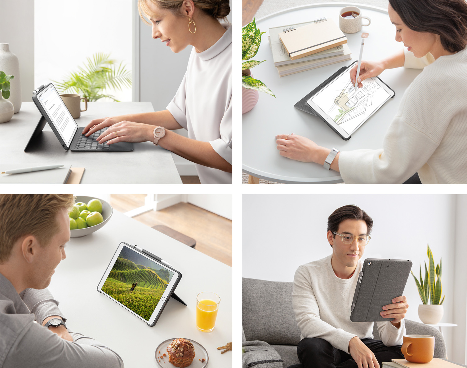 Four photos of people using tablets: typing, drawing, viewing, and resting with the device.