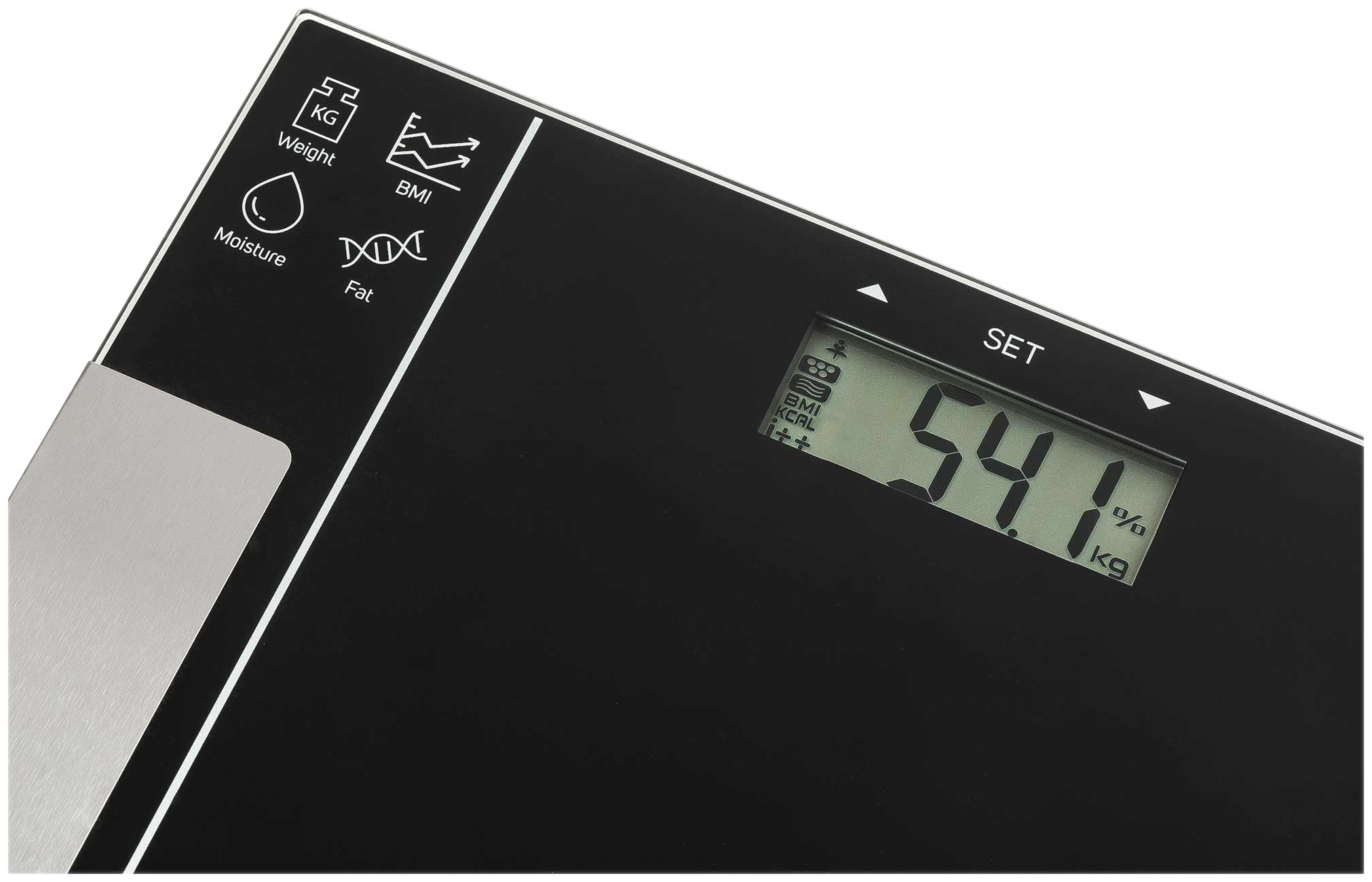 Fekete digitális mérleg, 54,1 kg-ot mutat. Súly, BMI, nedvesség, zsír, és egyéb egészségügyi mérőszámok.