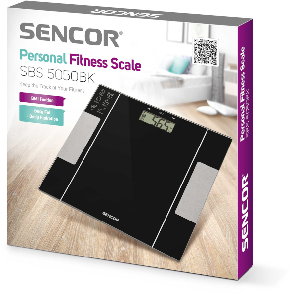Fekete személyi fitnesz mérleg fehér dobozban, szöveggel és képekkel.